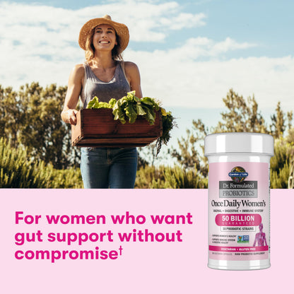 Garden of Life women probiotic capsules displayed next to the authentic imported product bottle container.