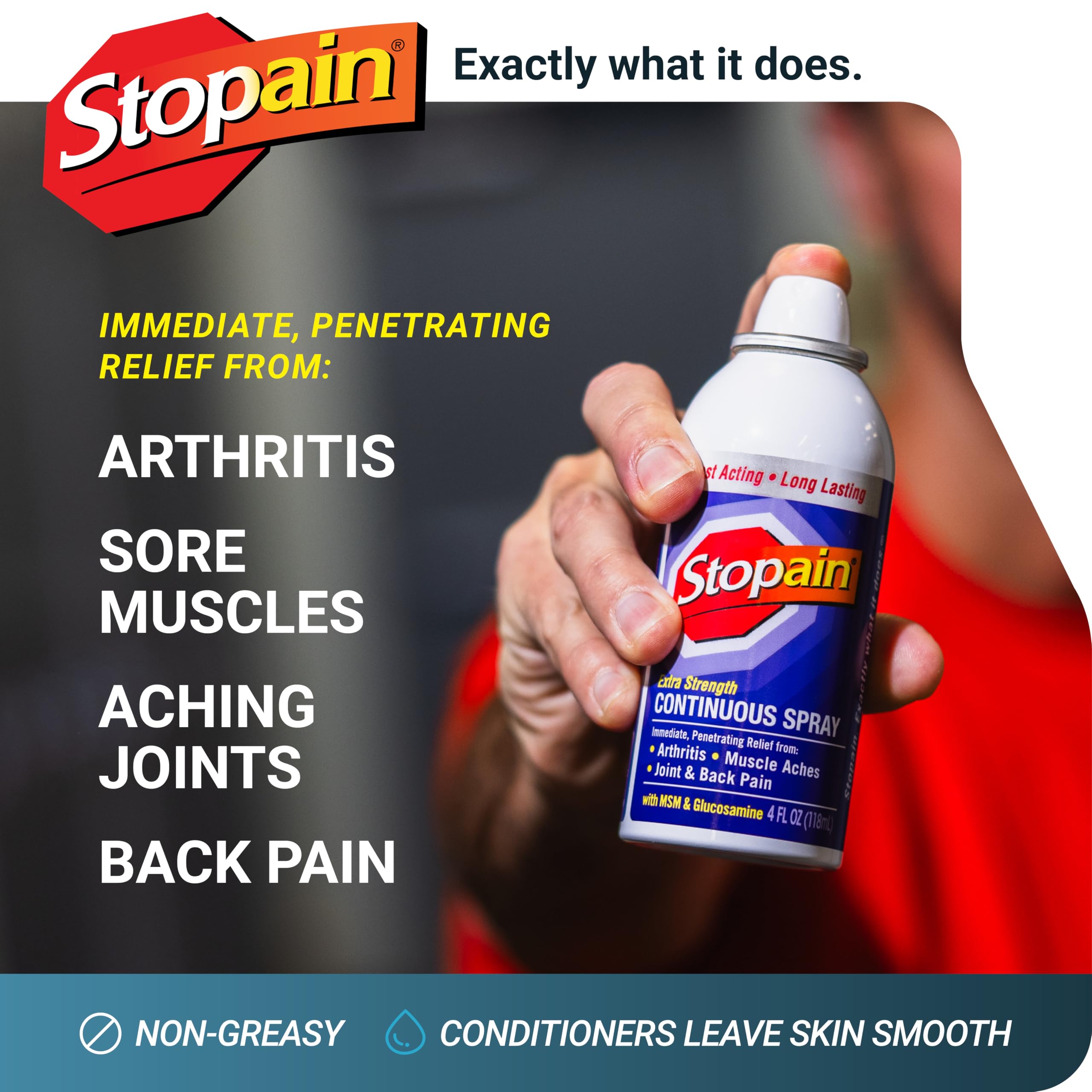 Stopain pain relief spray bottle showing 360 degree application technology