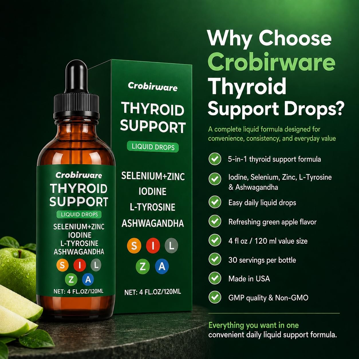 Close up view of Crobirware thyroid complex drops showing ingredients for hormonal balance.