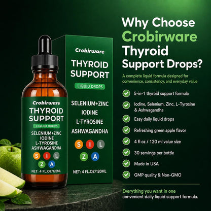 Close up view of Crobirware thyroid complex drops showing ingredients for hormonal balance.
