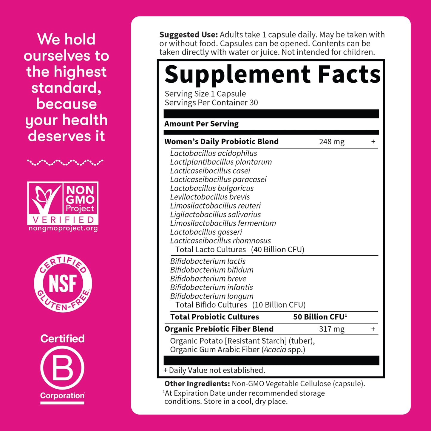 Close up of the organic prebiotic blend ingredient list on Garden of Life womens probiotic.