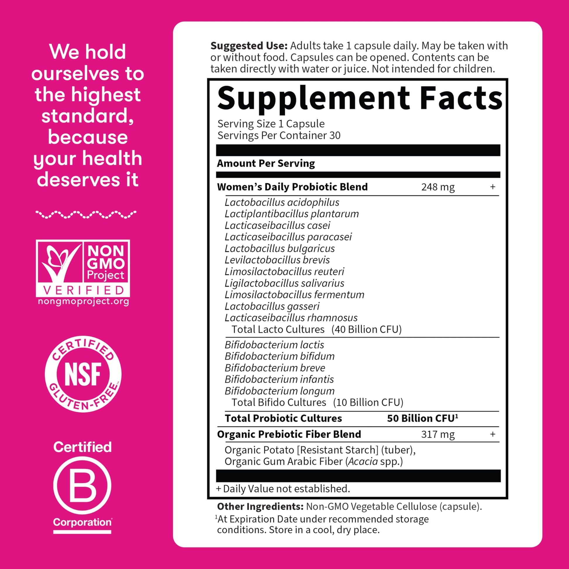 Close up of the organic prebiotic blend ingredient list on Garden of Life womens probiotic.