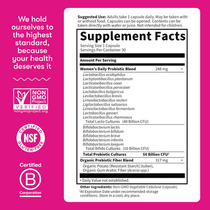 Close up of the organic prebiotic blend ingredient list on Garden of Life womens probiotic.