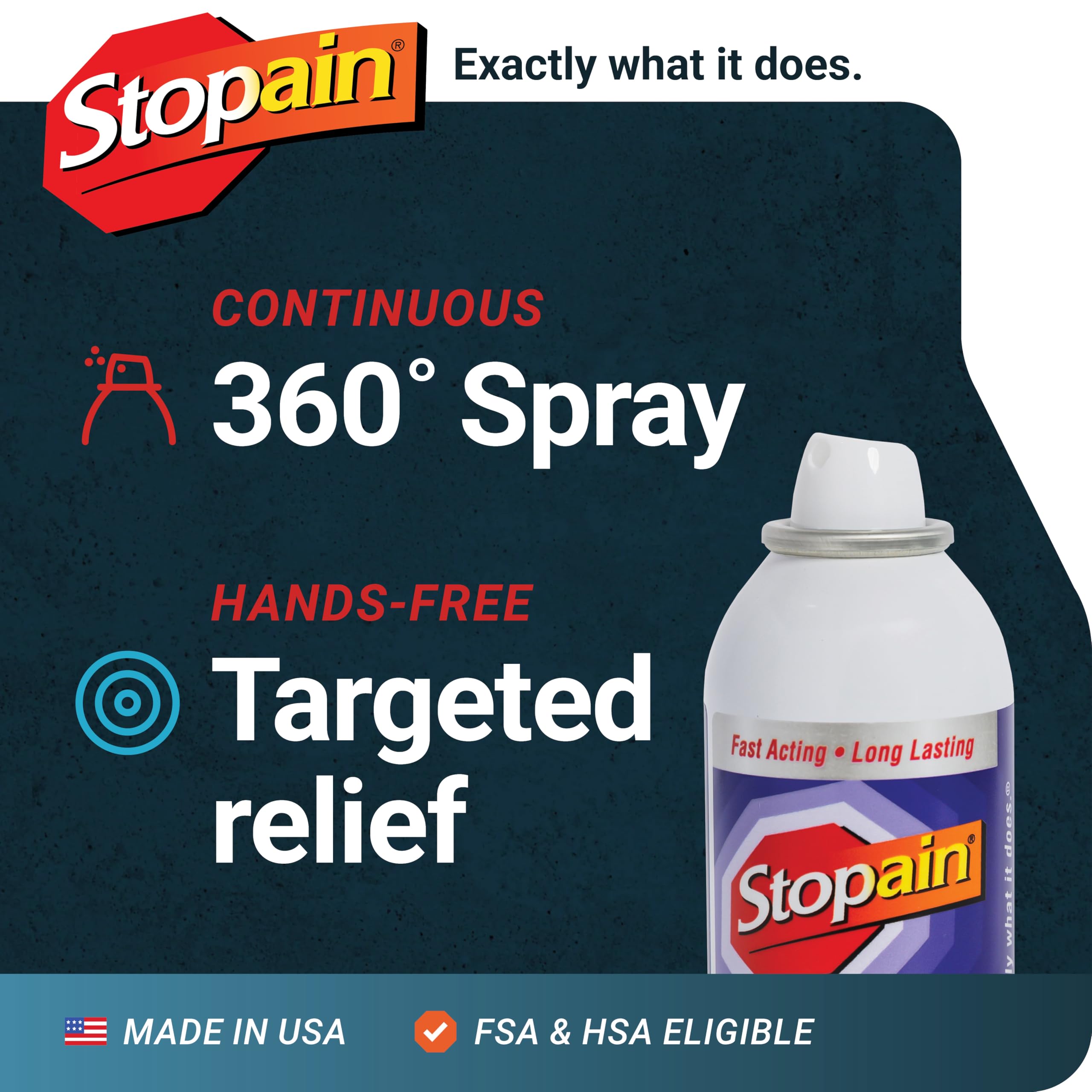 Side profile of Stopain pain relief spray 4 fluid ounce bottle