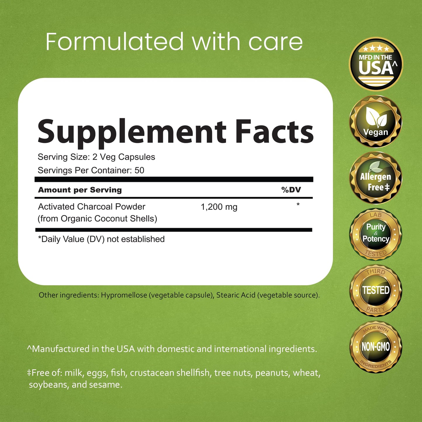 NaturaLife Labs Activated Charcoal 100 vegan capsules for gas and bloating relief