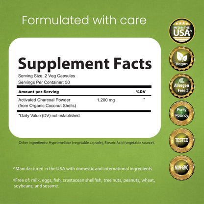 NaturaLife Labs Activated Charcoal 100 vegan capsules for gas and bloating relief
