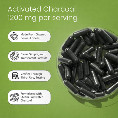 Steam-activated coconut shell charcoal dietary supplement label details