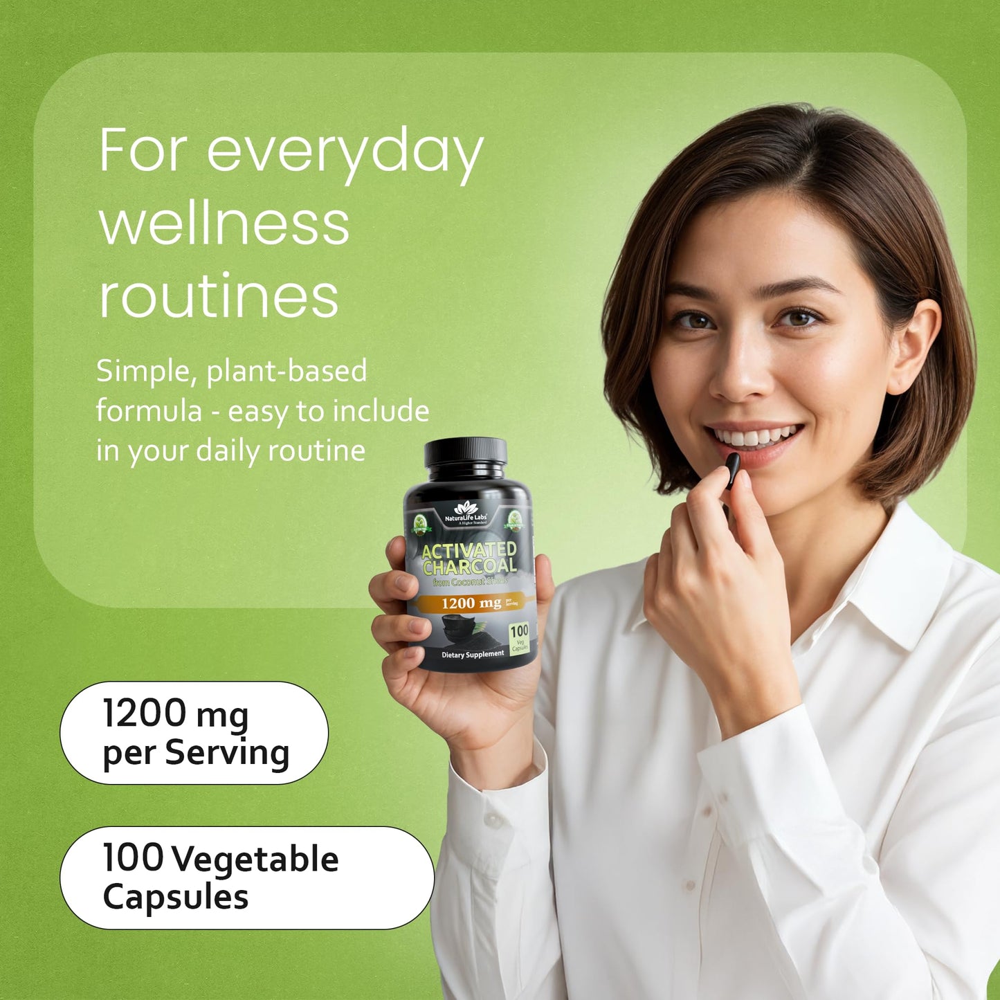 NaturaLife Labs non-GMO and gluten-free charcoal capsules for digestive comfort