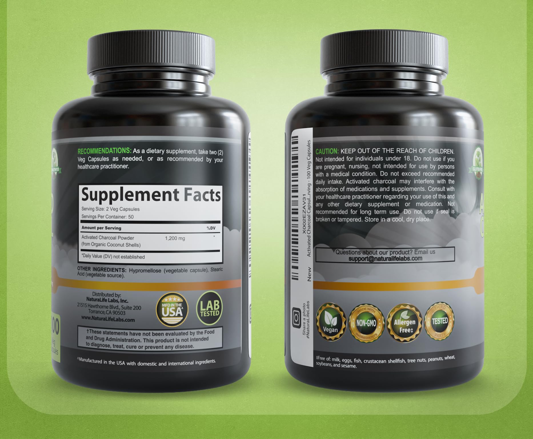Organic coconut shell activated charcoal vegetable capsules size and clarity view