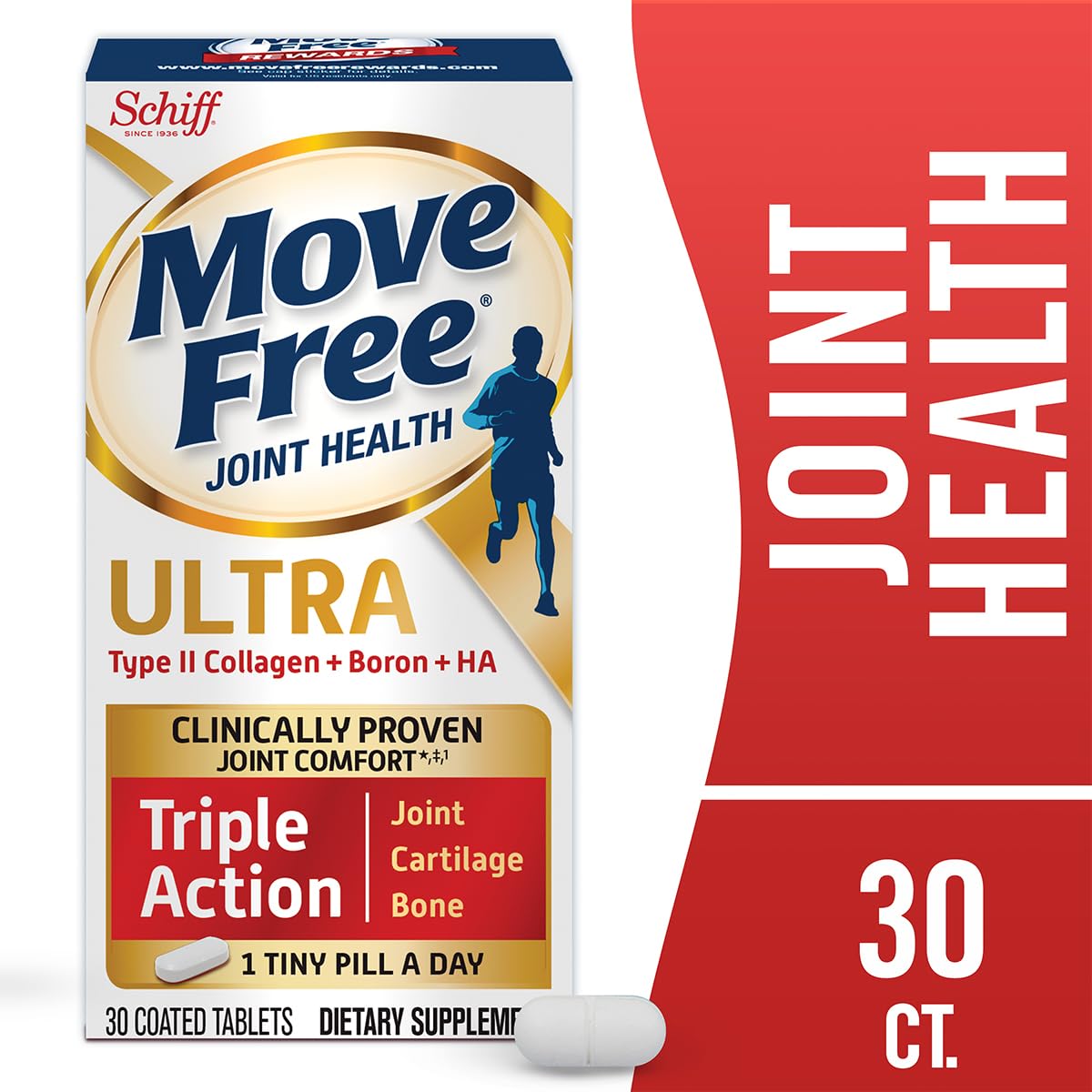 Close up of Move Free Ultra Triple Action 30 tablets box
