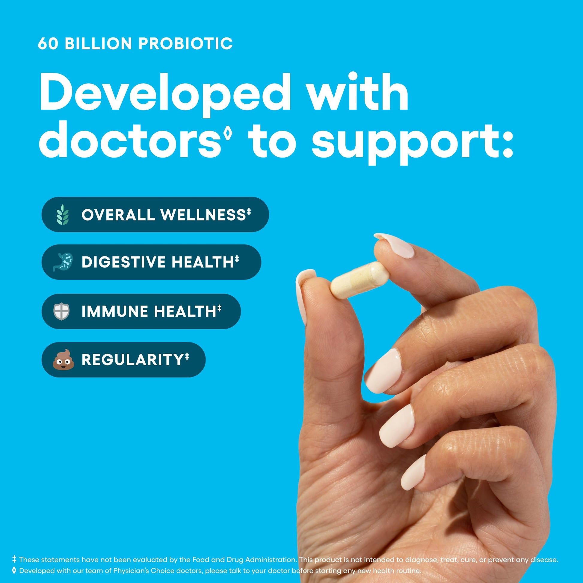 Back label detailing the ingredients and organic prebiotics of Physician's Choice gut health capsules.