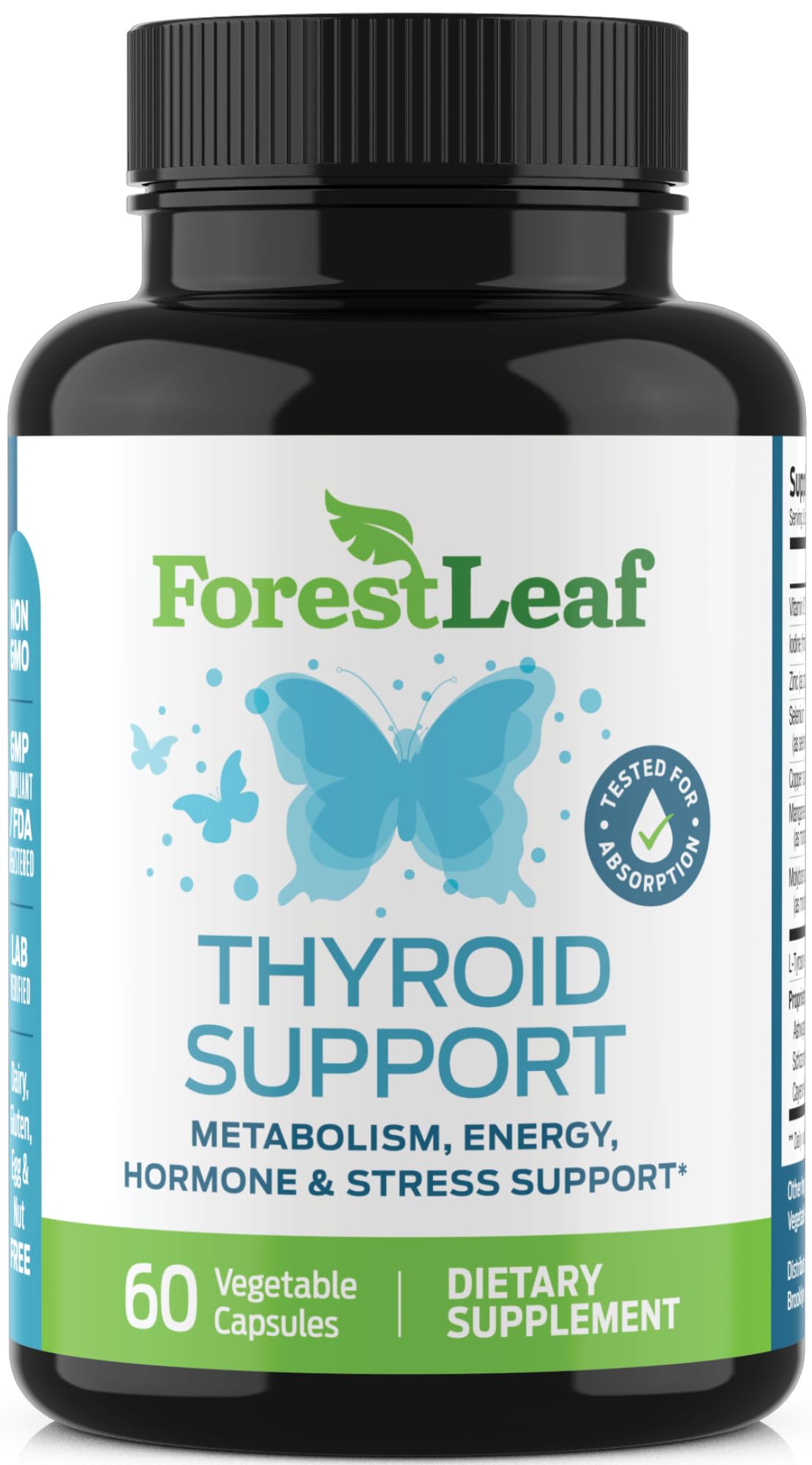 Packaging layout of ForestLeaf energy and focus thyroid support health supplement bottle.