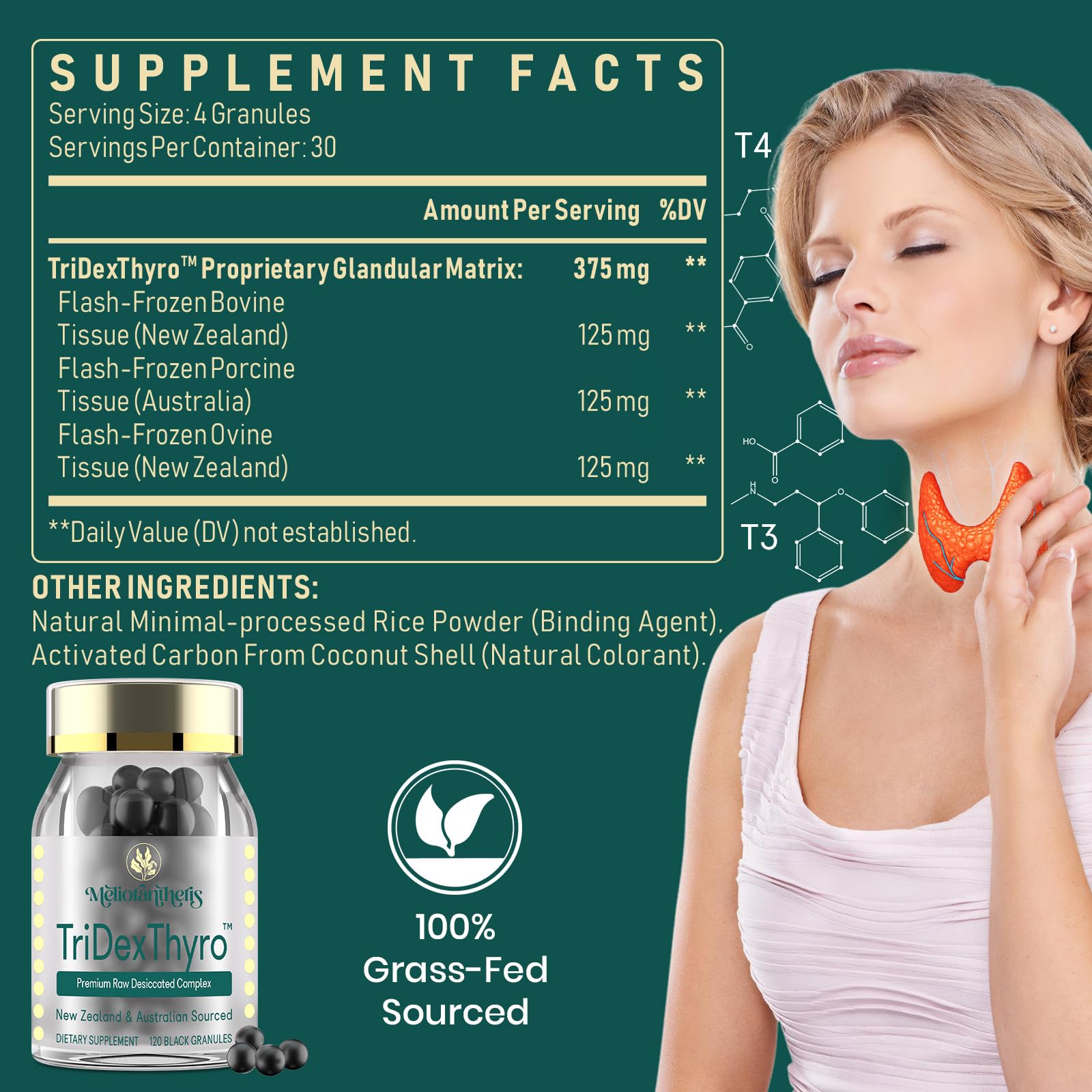 Meliorantheris thyroid supplement one hundred twenty capsules packaging showing triple source ingredients.