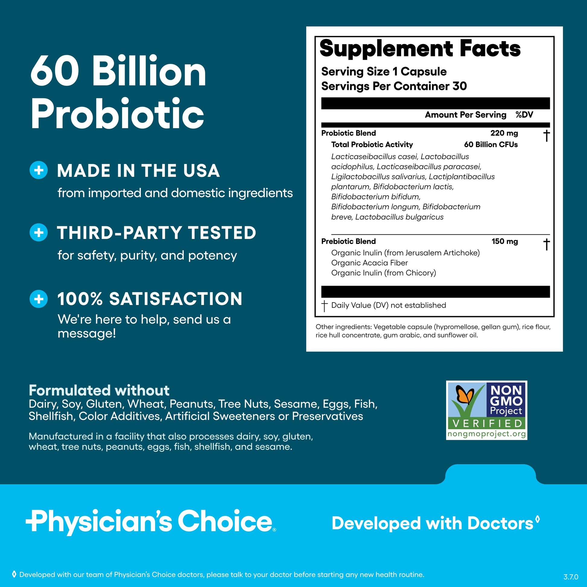 Top view of Physician's Choice digestive care product packaging highlighting the organic prebiotic fiber blend.