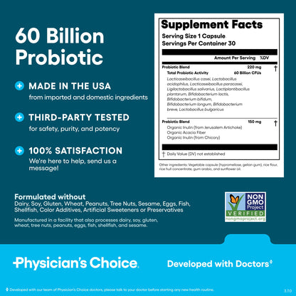 Top view of Physician's Choice digestive care product packaging highlighting the organic prebiotic fiber blend.