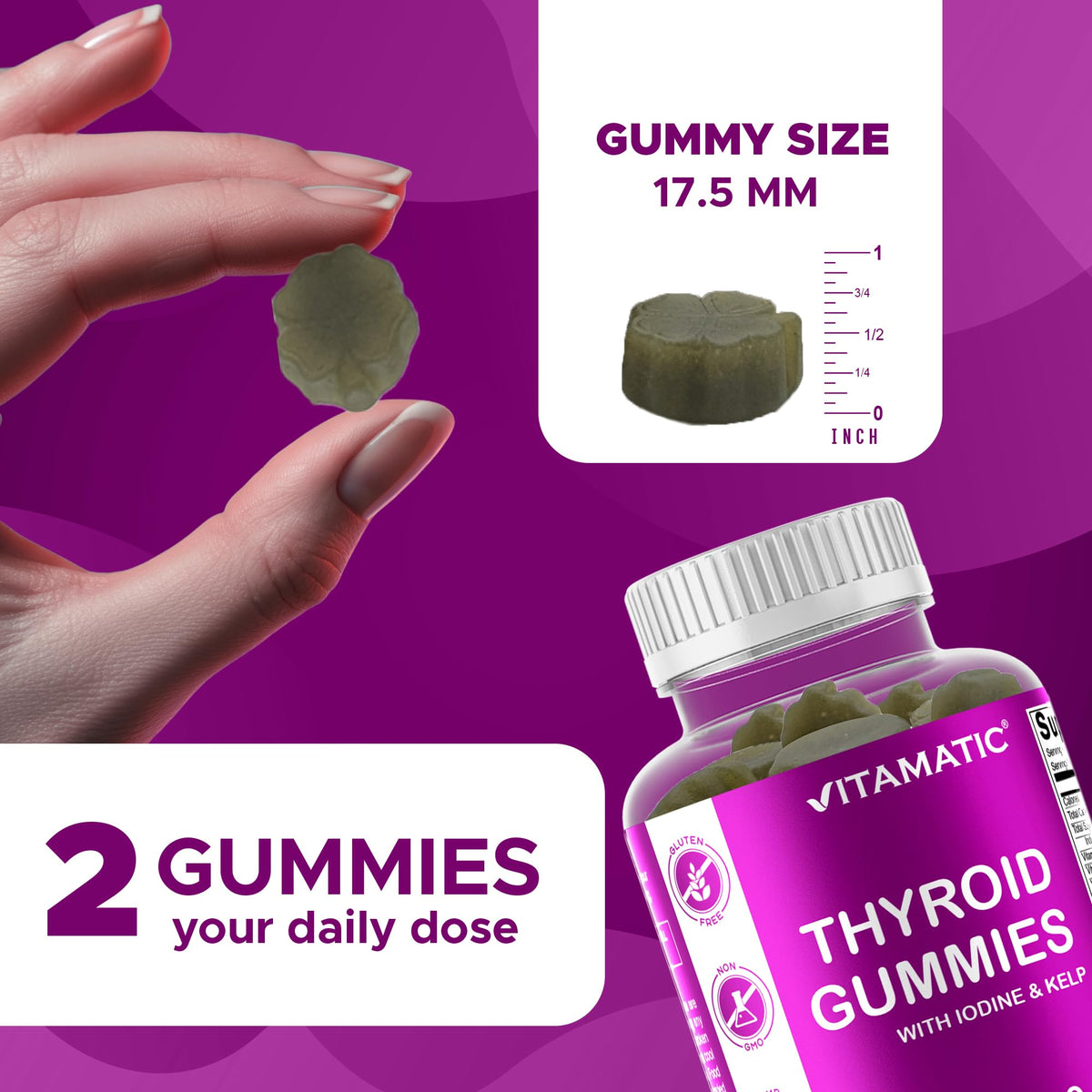Back label of Vitamatic vegan thyroid gummies detailing plant-based ingredients