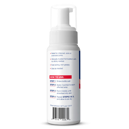 Theraworx foam product label showing joint inflammation relief benefits.