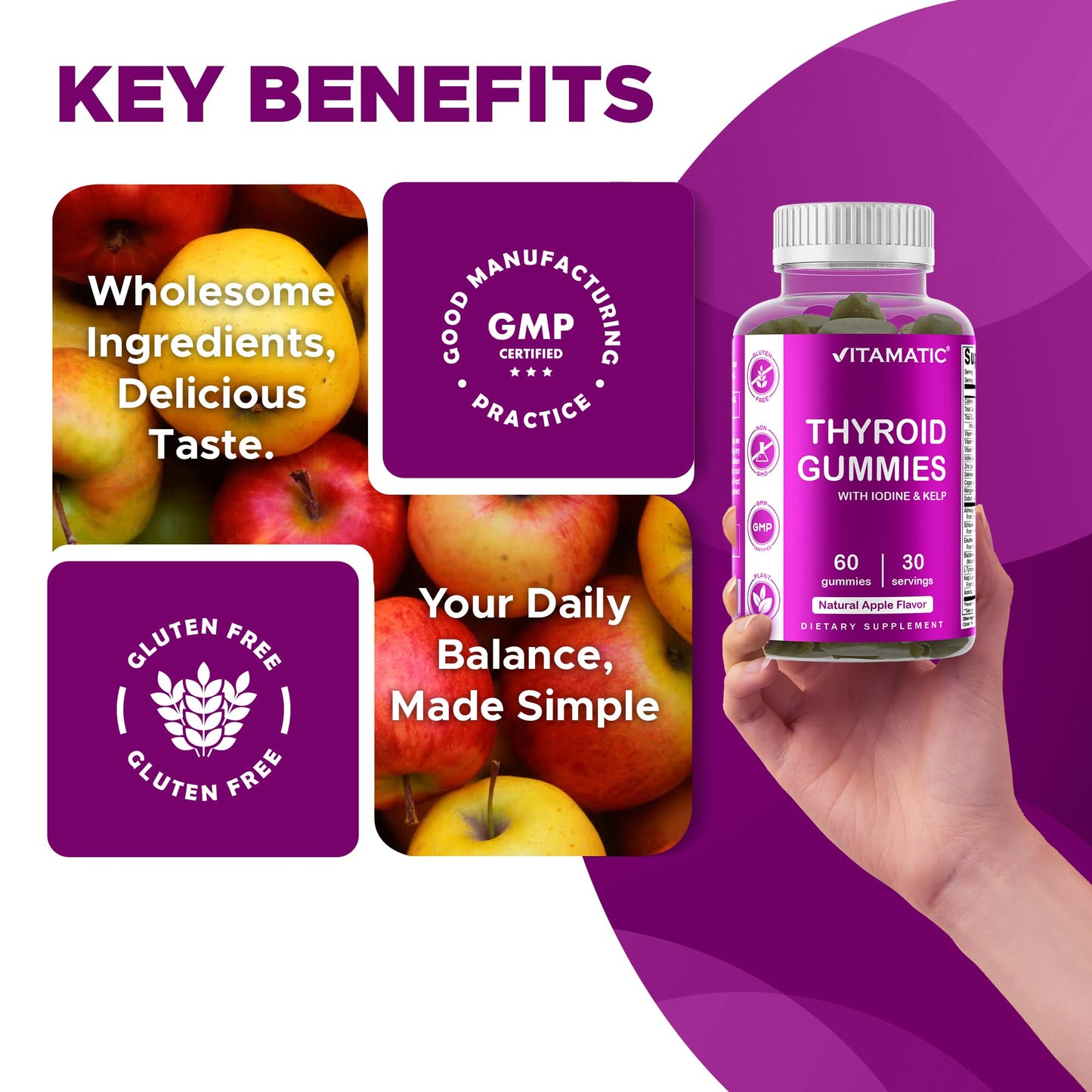 Two pectin-based apple flavored thyroid gummies next to the product bottle
