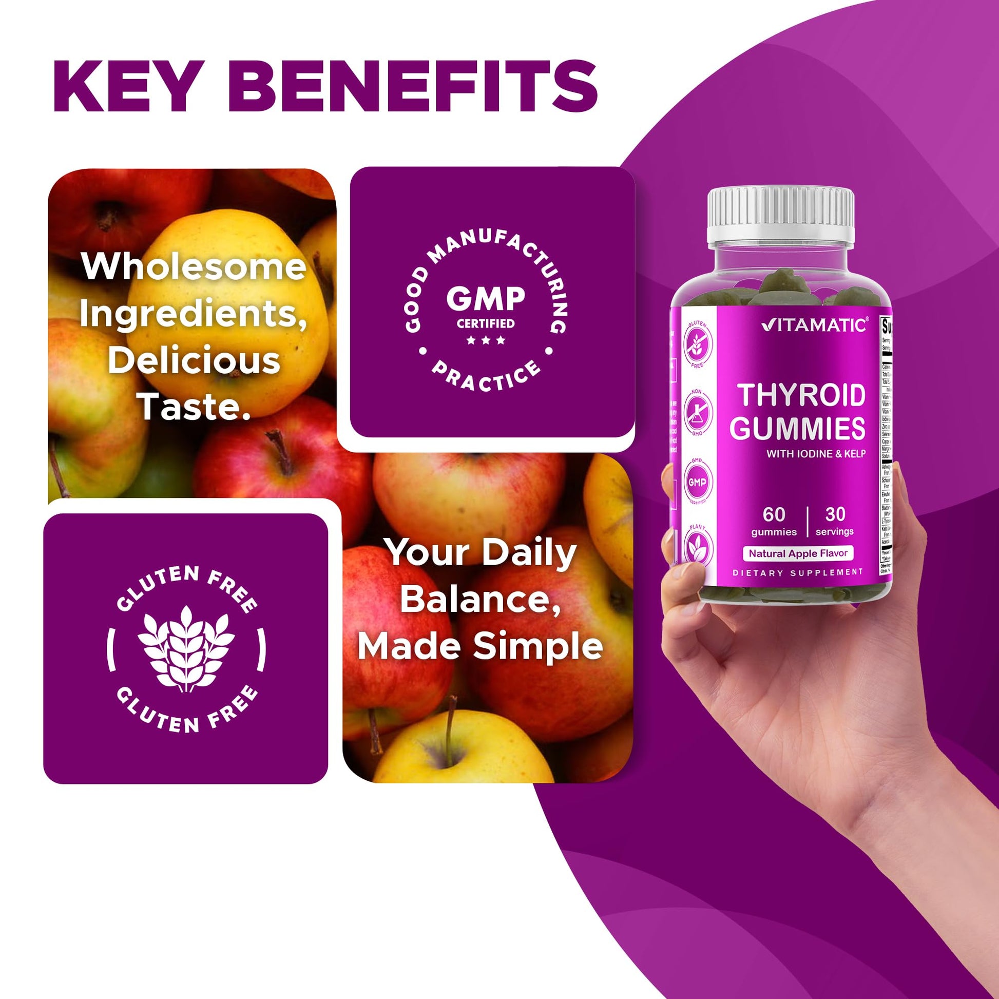 Two pectin-based apple flavored thyroid gummies next to the product bottle