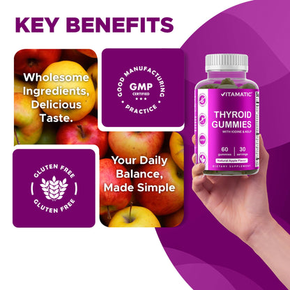 Two pectin-based apple flavored thyroid gummies next to the product bottle