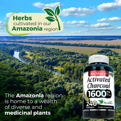 Close up view of Fito Medics Lab digestive health premium charcoal capsules bottle