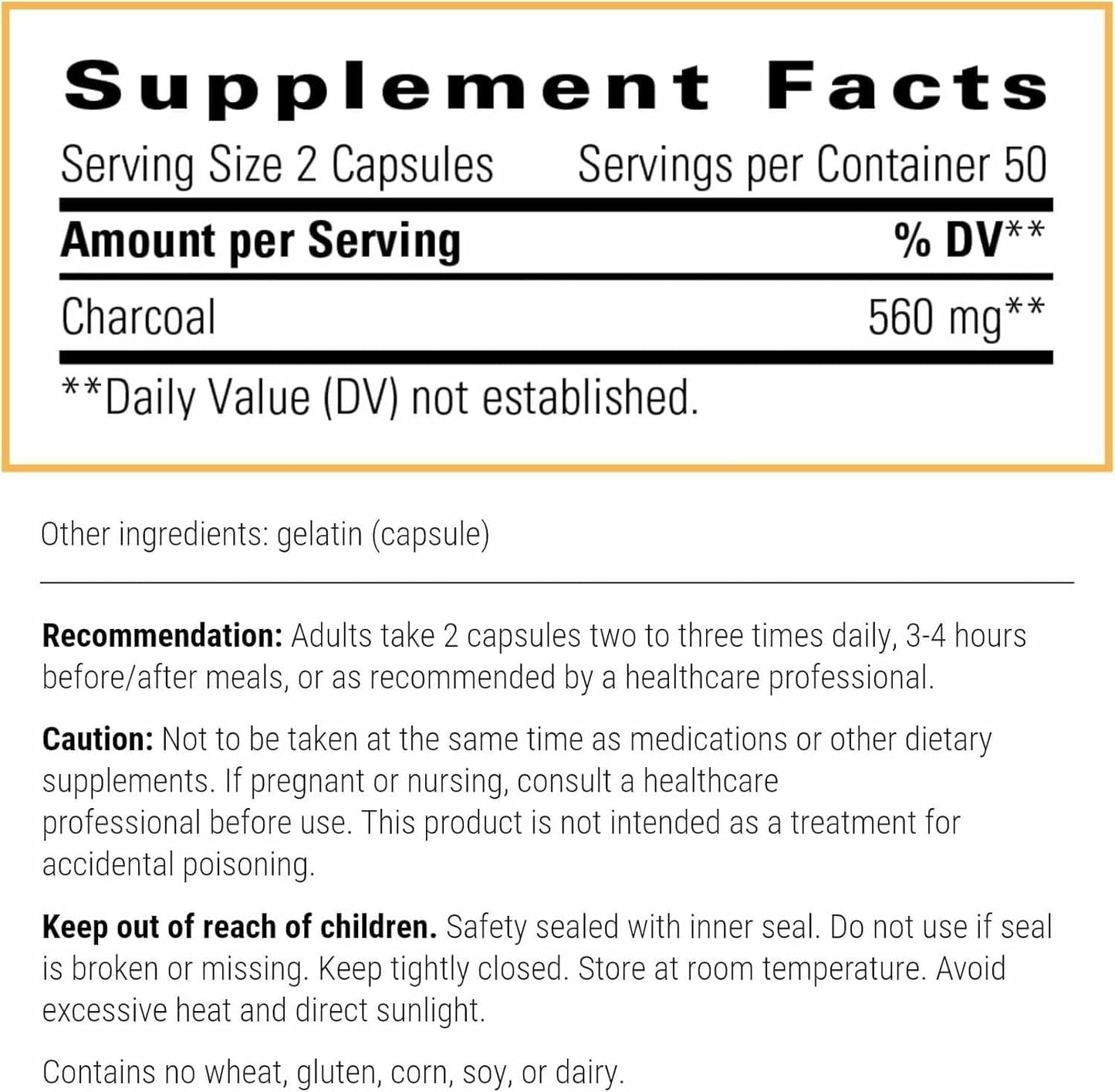 Integrative Therapeutics Activated Charcoal dietary supplement bottle angled showing nutritional facts list and ingredients list.
