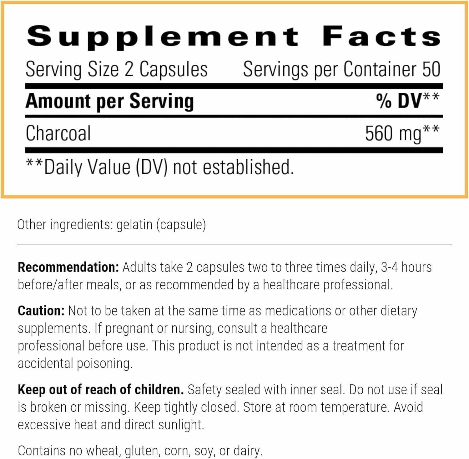 Integrative Therapeutics Activated Charcoal dietary supplement bottle angled showing nutritional facts list and ingredients list.
