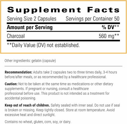 Integrative Therapeutics Activated Charcoal dietary supplement bottle angled showing nutritional facts list and ingredients list.
