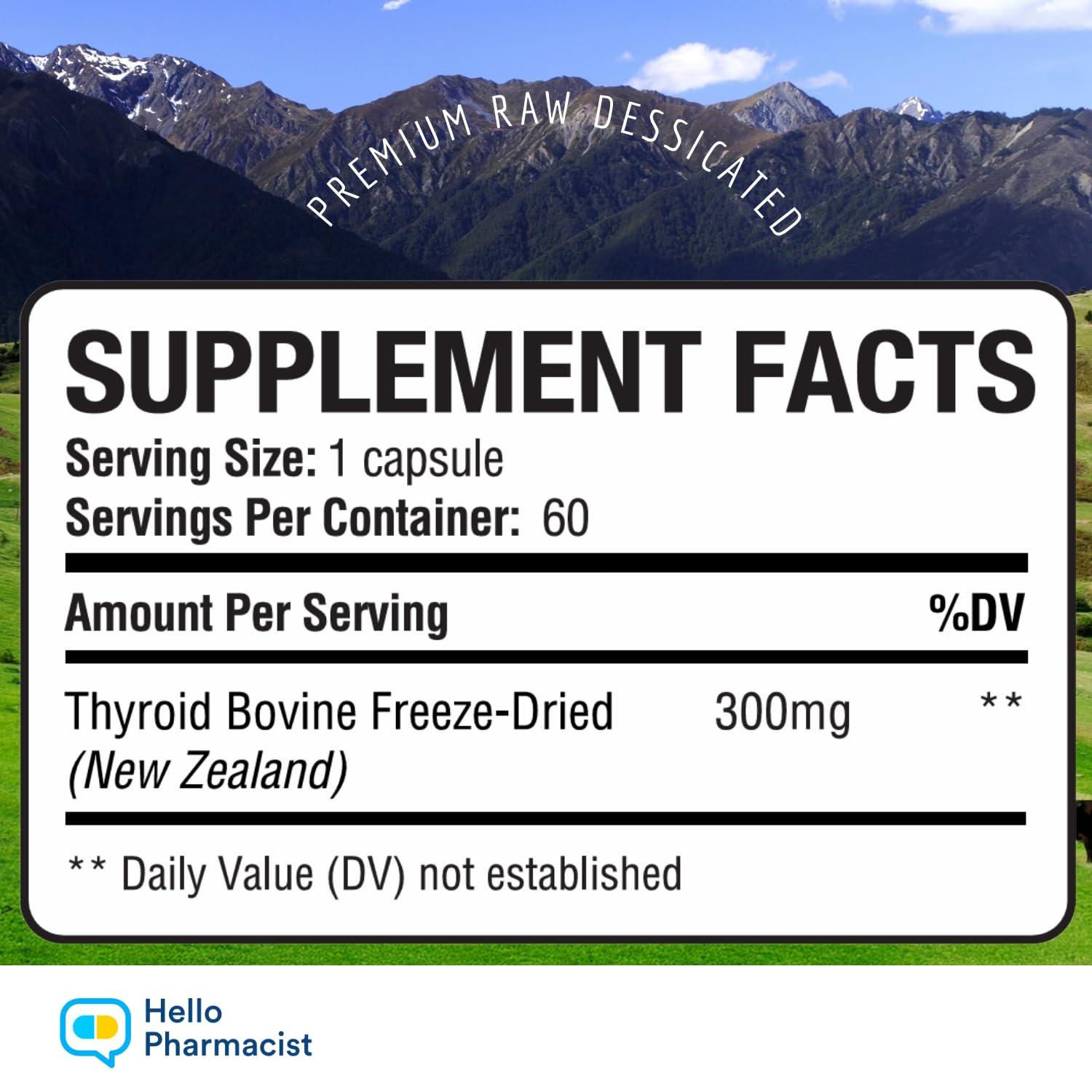 HelloPharmacist 300mg bovine thyroid capsules supplement facts label clear view