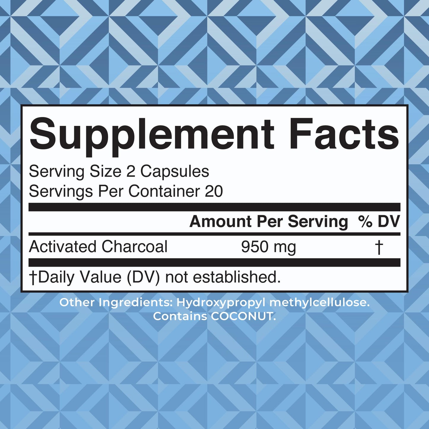 MaryRuth Organics Activated Charcoal supplement packaging showing ingredient facts and organic coconut shell origin