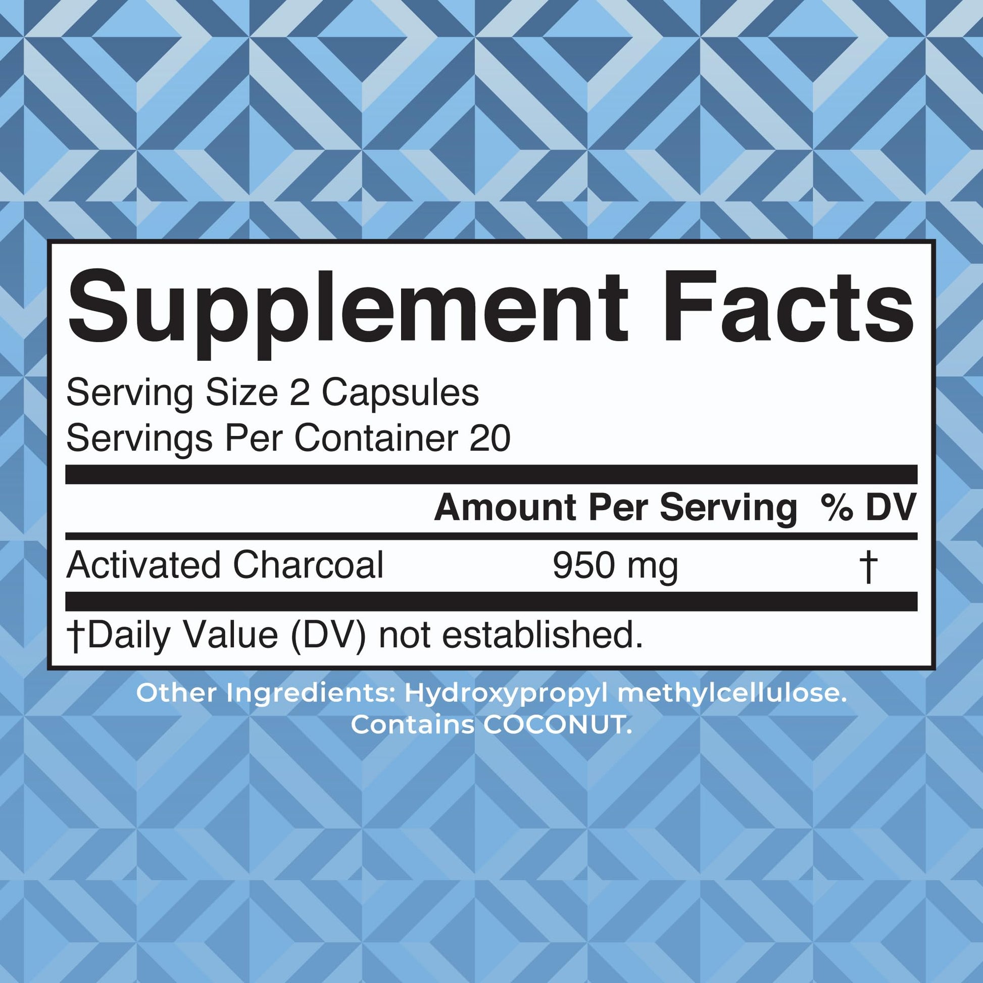MaryRuth Organics Activated Charcoal supplement packaging showing ingredient facts and organic coconut shell origin