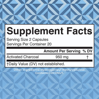 MaryRuth Organics Activated Charcoal supplement packaging showing ingredient facts and organic coconut shell origin