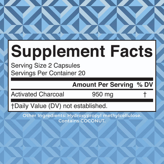MaryRuth Organics Activated Charcoal supplement packaging showing ingredient facts and organic coconut shell origin