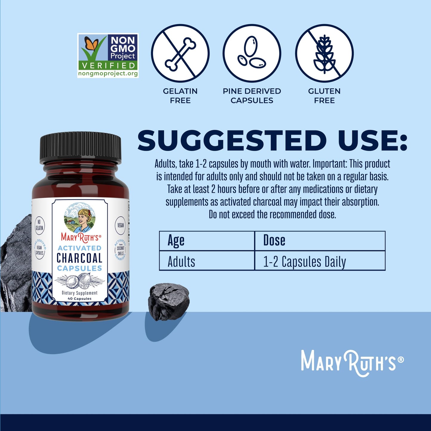 Side view of MaryRuth Organics 950 mg Activated Charcoal bottle detailing substance adsorption benefits