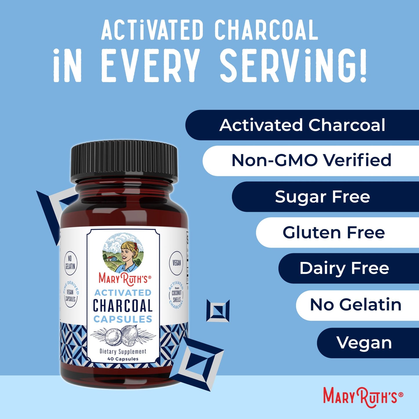 MaryRuth Organics Activated Charcoal 40 count bottle showcasing clean lifestyle wellness formulation