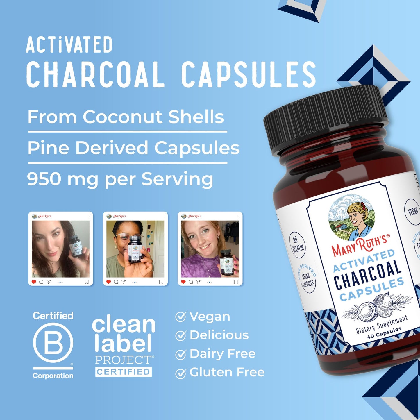 Premium imported MaryRuth Organics Activated Charcoal capsules bottle top angle view