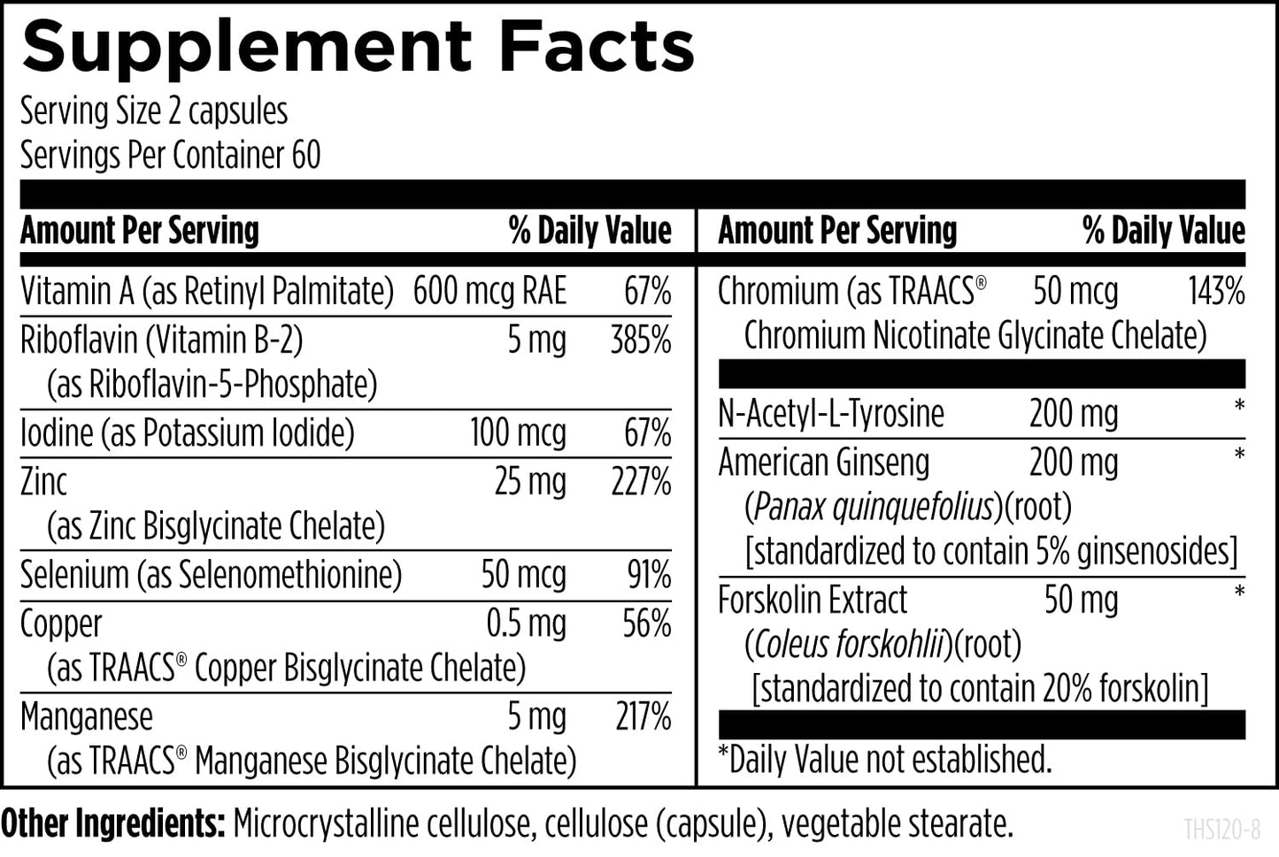 Side profile of Designs For Health Thyroid Synergy bottle highlighting vegan-friendly certification.
