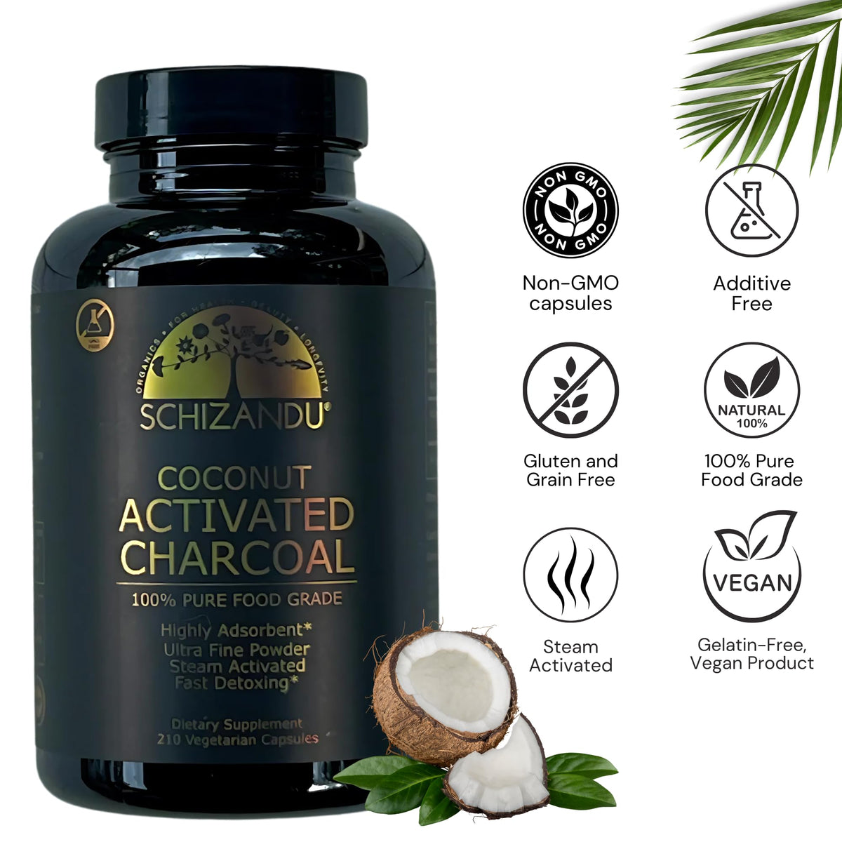 Schizandu coconut charcoal supplement bottle side profile