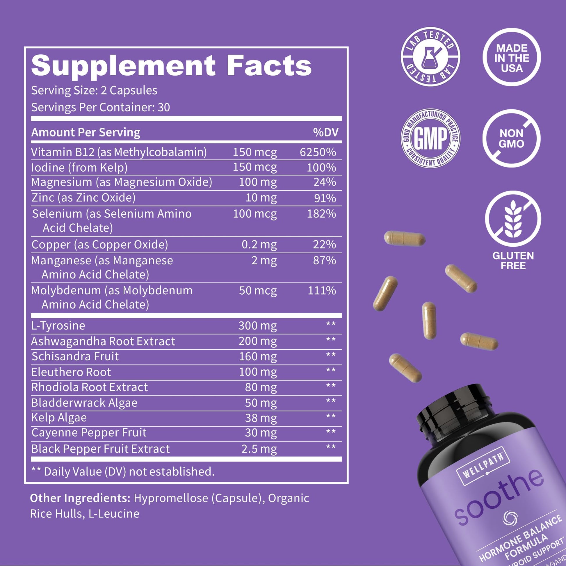 Close-up view of WellPath Soothe dietary supplement highlighting ashwagandha and rhodiola adaptogens.