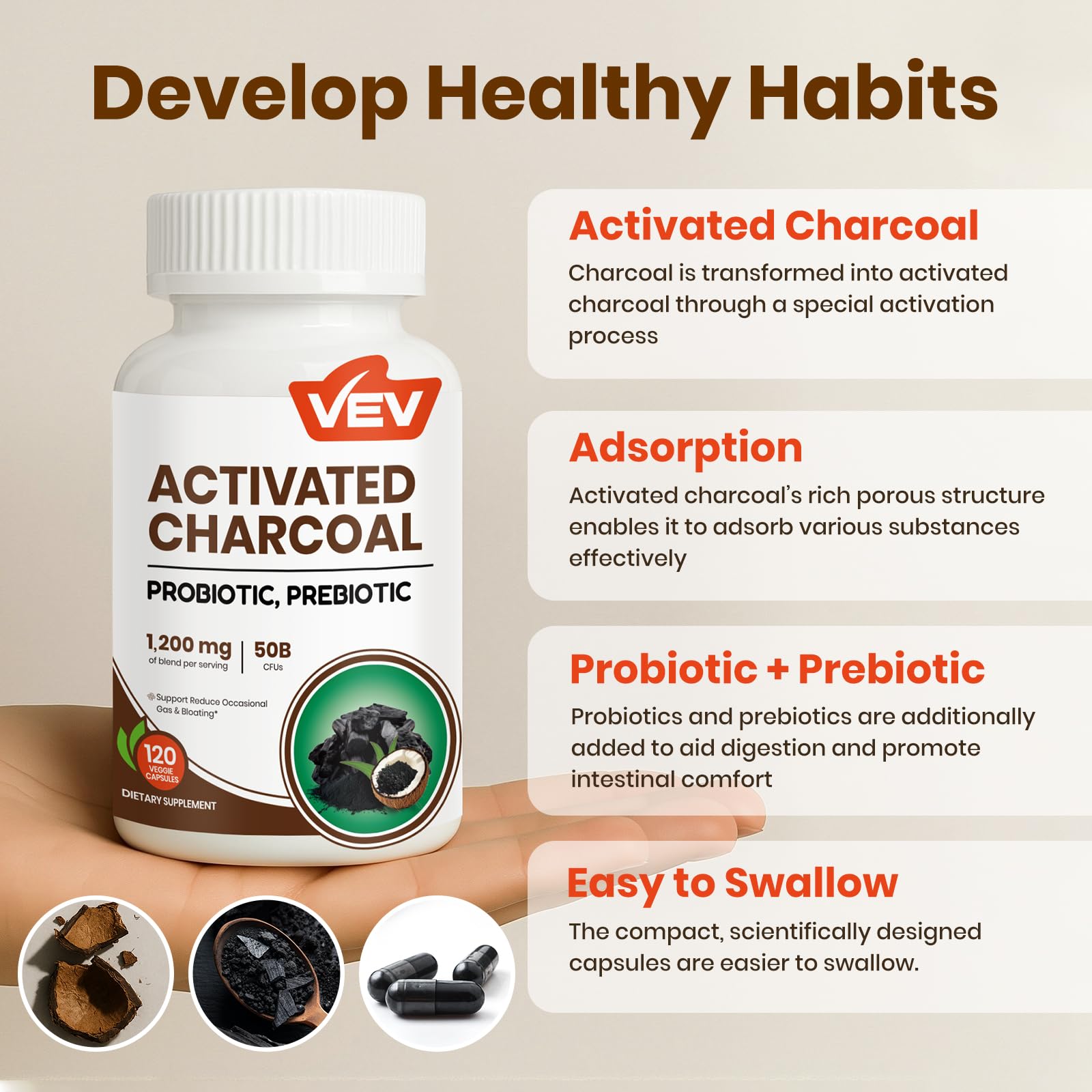 VEV Activated Charcoal 120 vegan capsules bottle angled view highlighting fifty billion CFU probiotics.