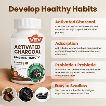 VEV Activated Charcoal 120 vegan capsules bottle angled view highlighting fifty billion CFU probiotics.