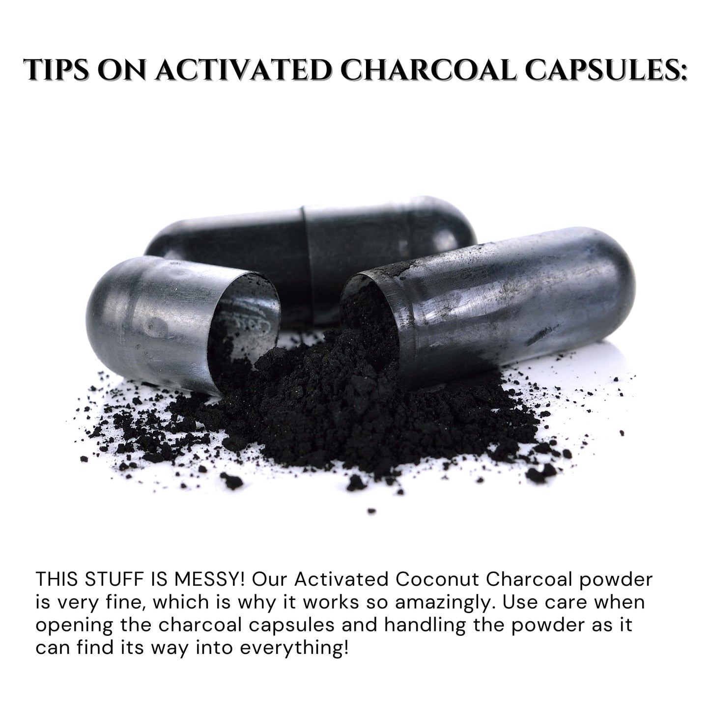 Schizandu Organics pure detoxification coconut shell activated charcoal pills on a clean background