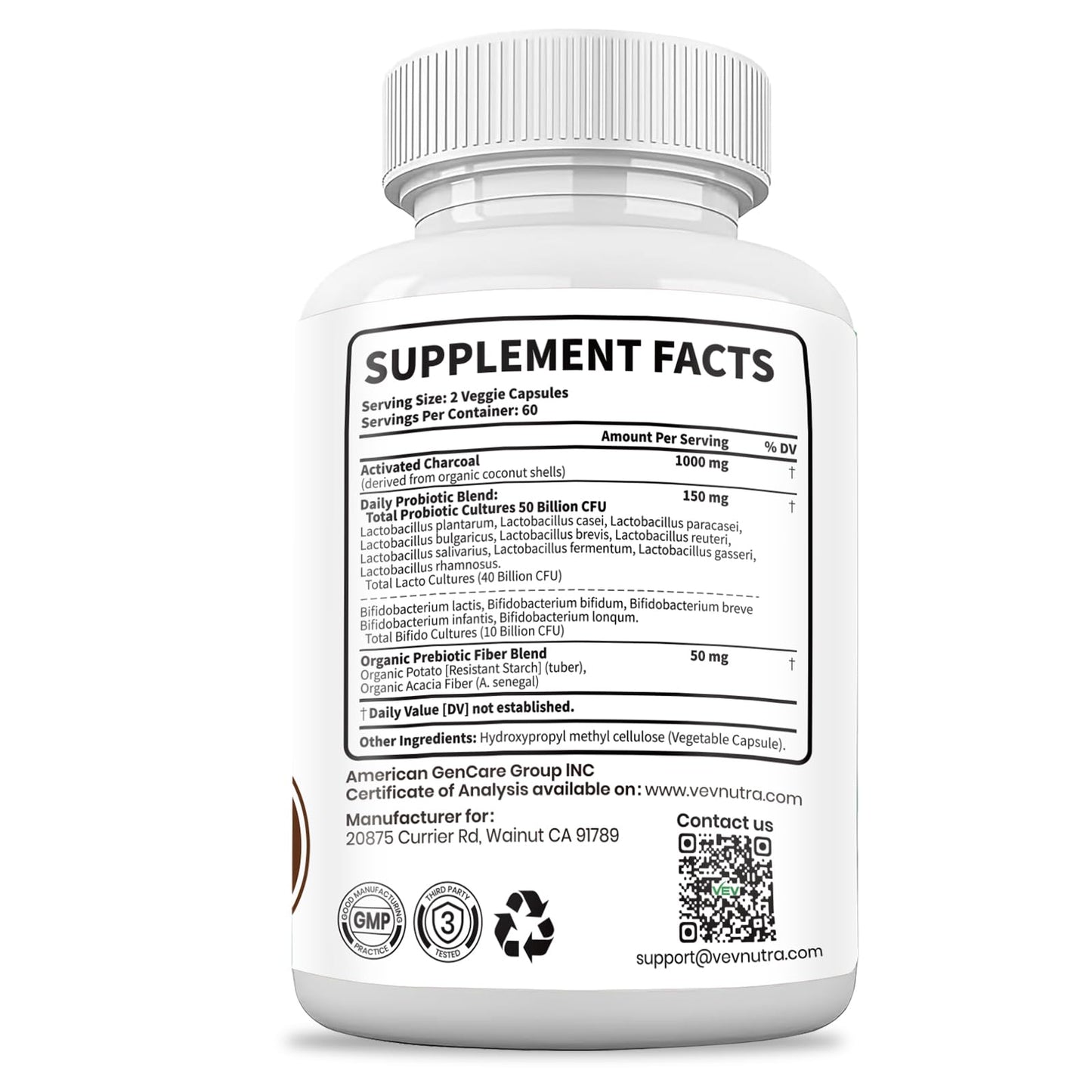 VEV Activated Charcoal digestive wellness capsules standing upright against a clean natural background.