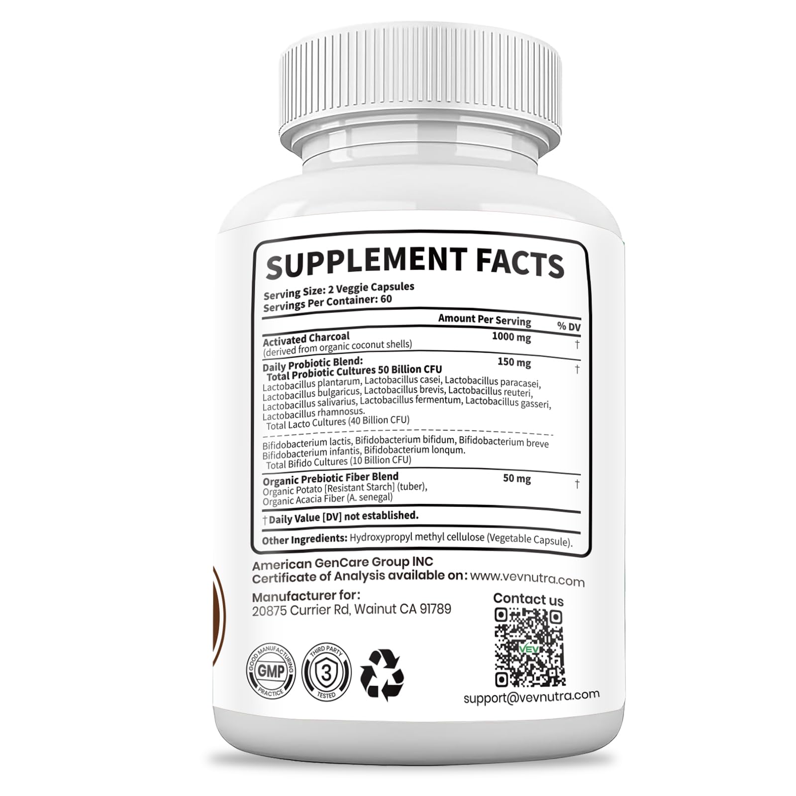 VEV Activated Charcoal digestive wellness capsules standing upright against a clean natural background.