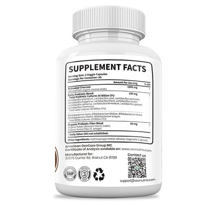 VEV Activated Charcoal digestive wellness capsules standing upright against a clean natural background.