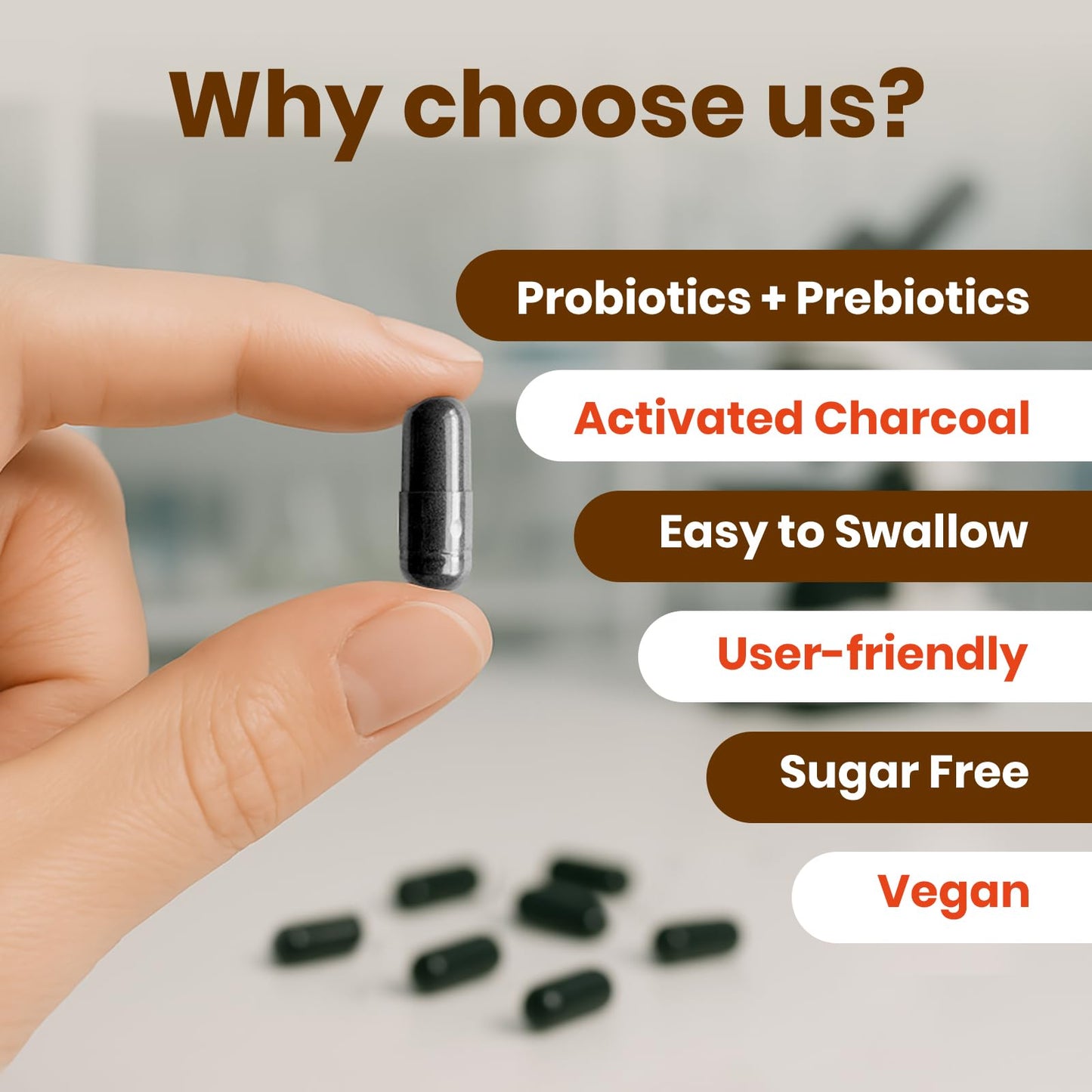 VEV Activated Charcoal premium bottle demonstrating the dual action gut health formula for bloating relief.