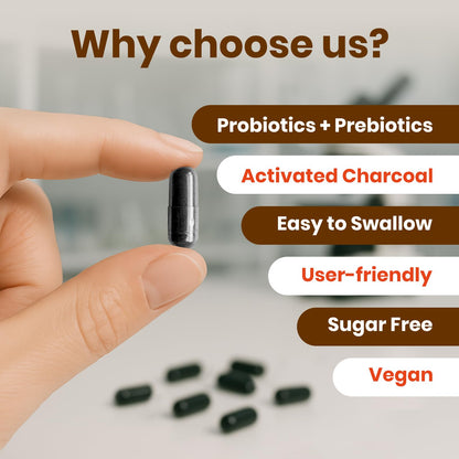 VEV Activated Charcoal premium bottle demonstrating the dual action gut health formula for bloating relief.