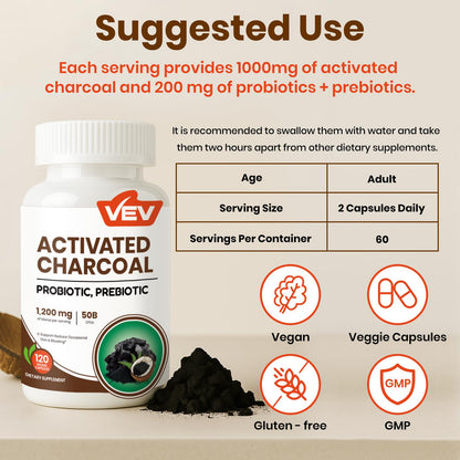 Top view of VEV Activated Charcoal bottle alongside the unflavored easy to swallow vegetarian capsules.