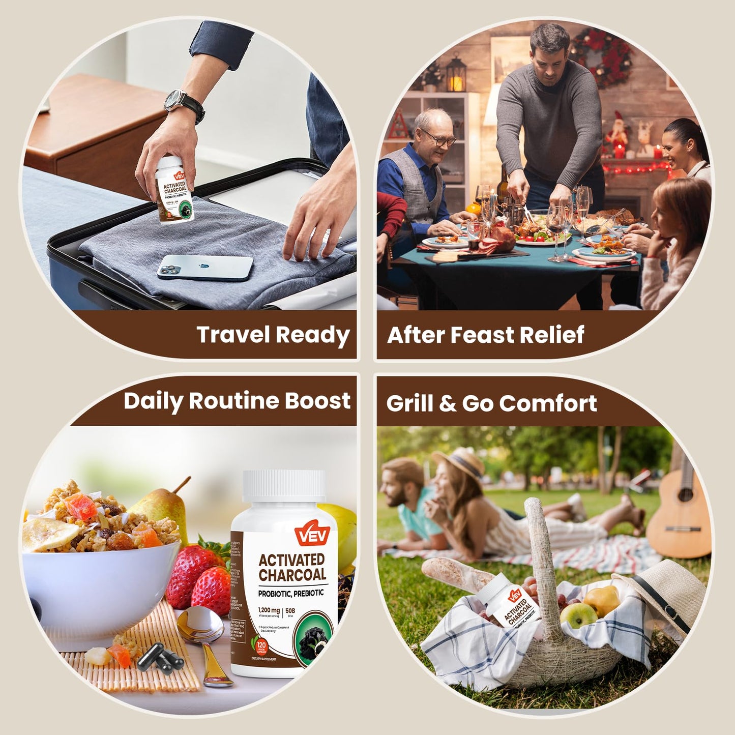 VEV Activated Charcoal and probiotics supplement container detailing the organic coconut shell ingredients.