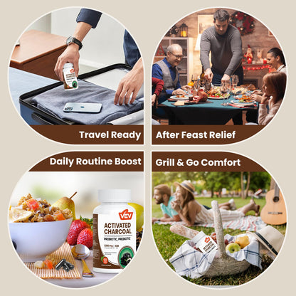 VEV Activated Charcoal and probiotics supplement container detailing the organic coconut shell ingredients.